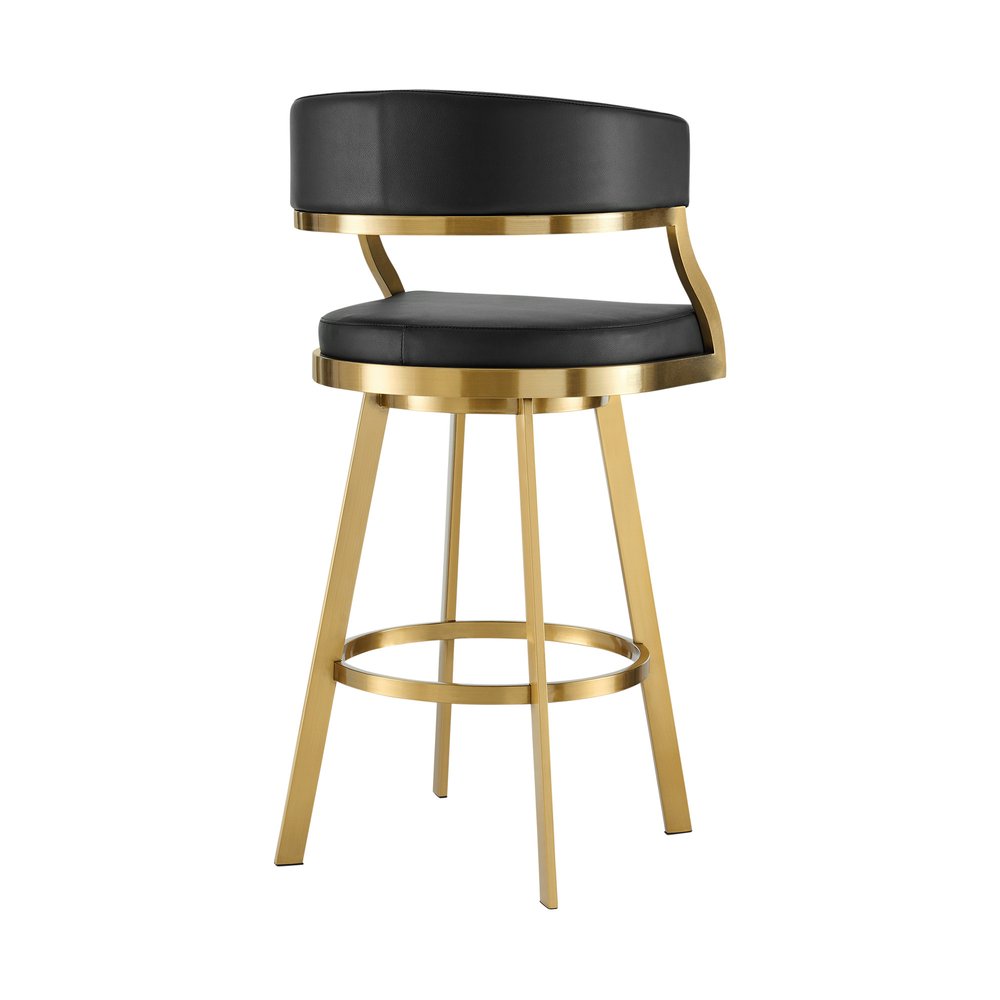 26" Black and Gold Faux Leather and Stainless Steel Low Back Counter Height Swivel Bar Chair