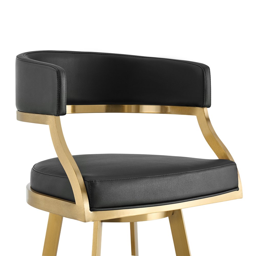26" Black and Gold Faux Leather and Stainless Steel Low Back Counter Height Swivel Bar Chair