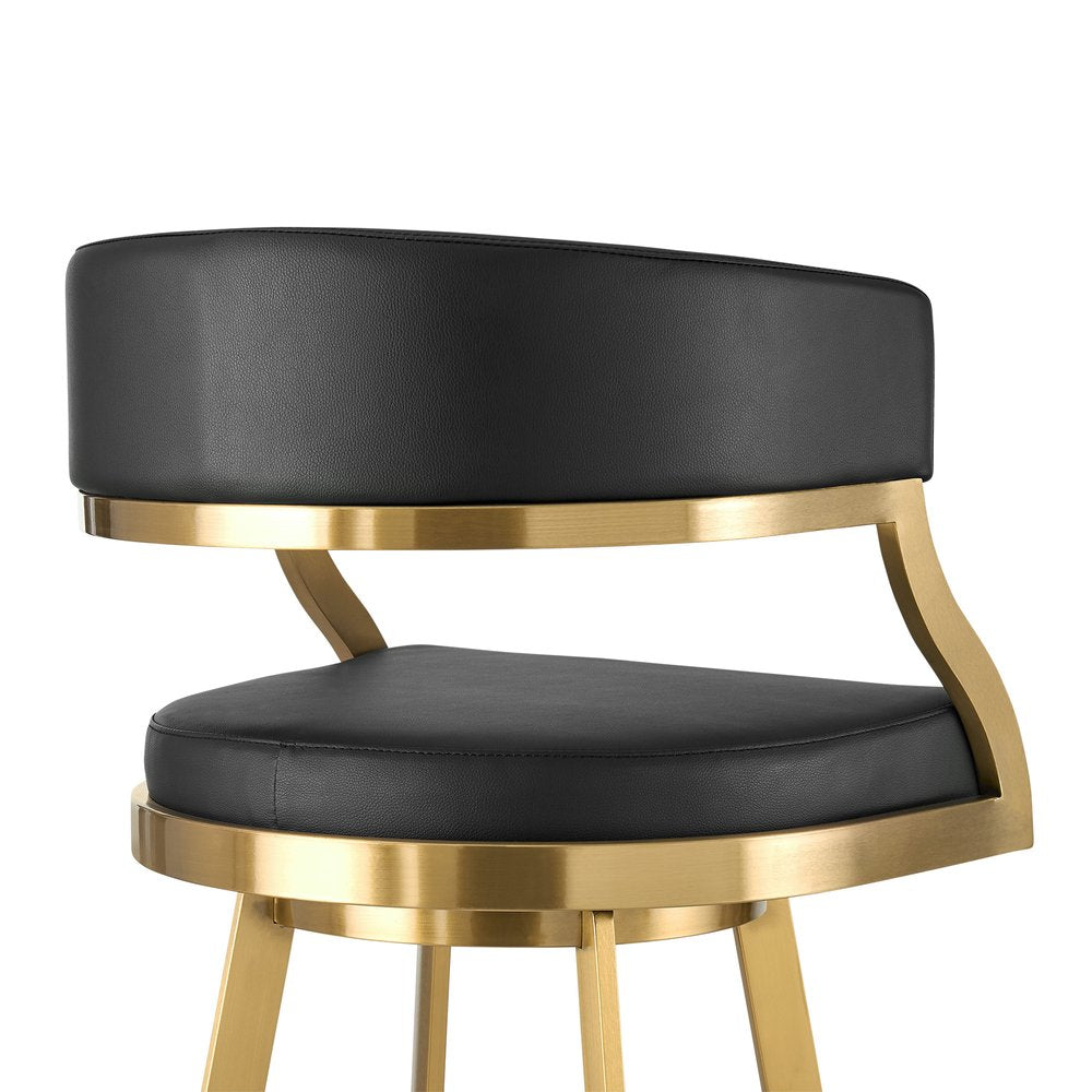 26" Black and Gold Faux Leather and Stainless Steel Low Back Counter Height Swivel Bar Chair
