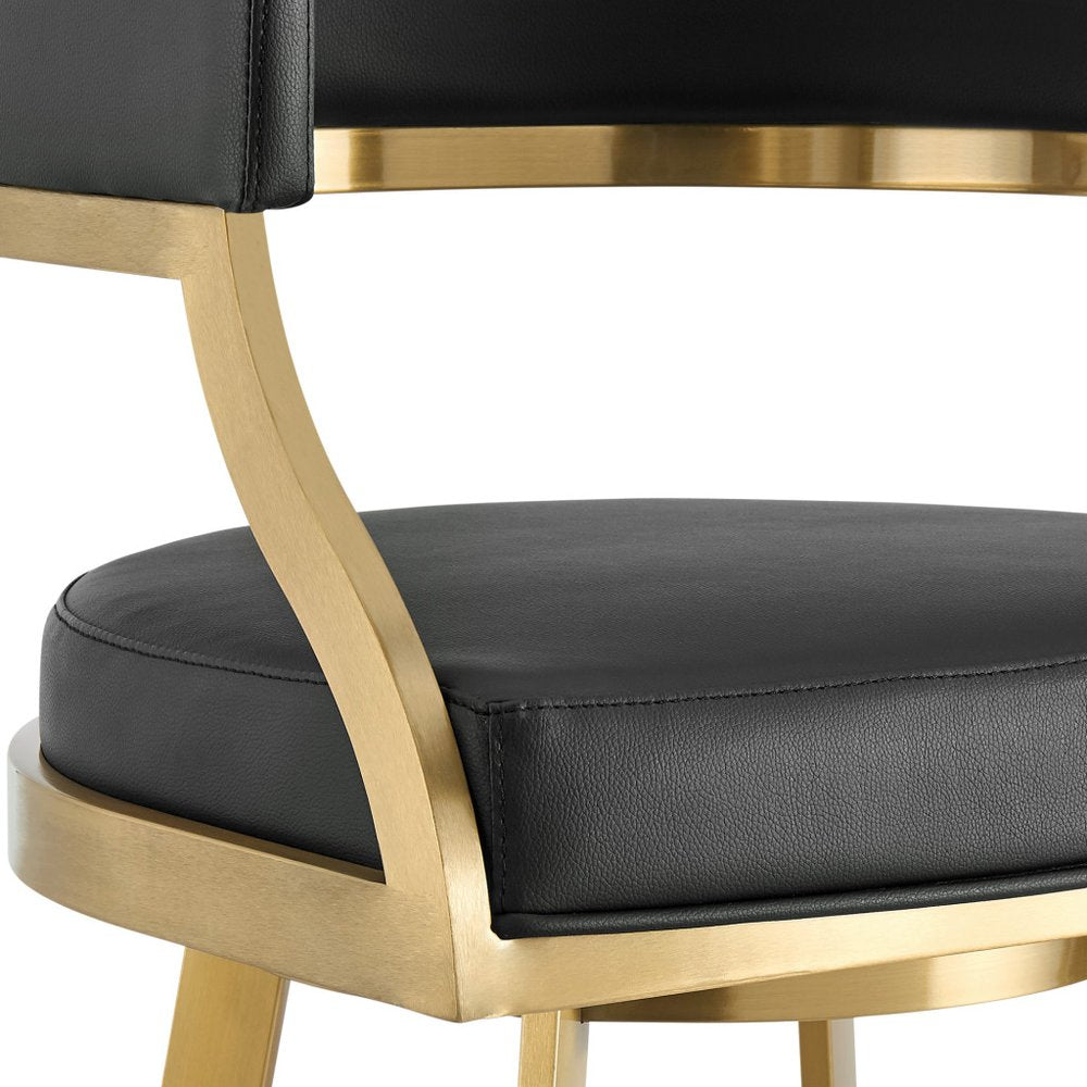 26" Black and Gold Faux Leather and Stainless Steel Low Back Counter Height Swivel Bar Chair