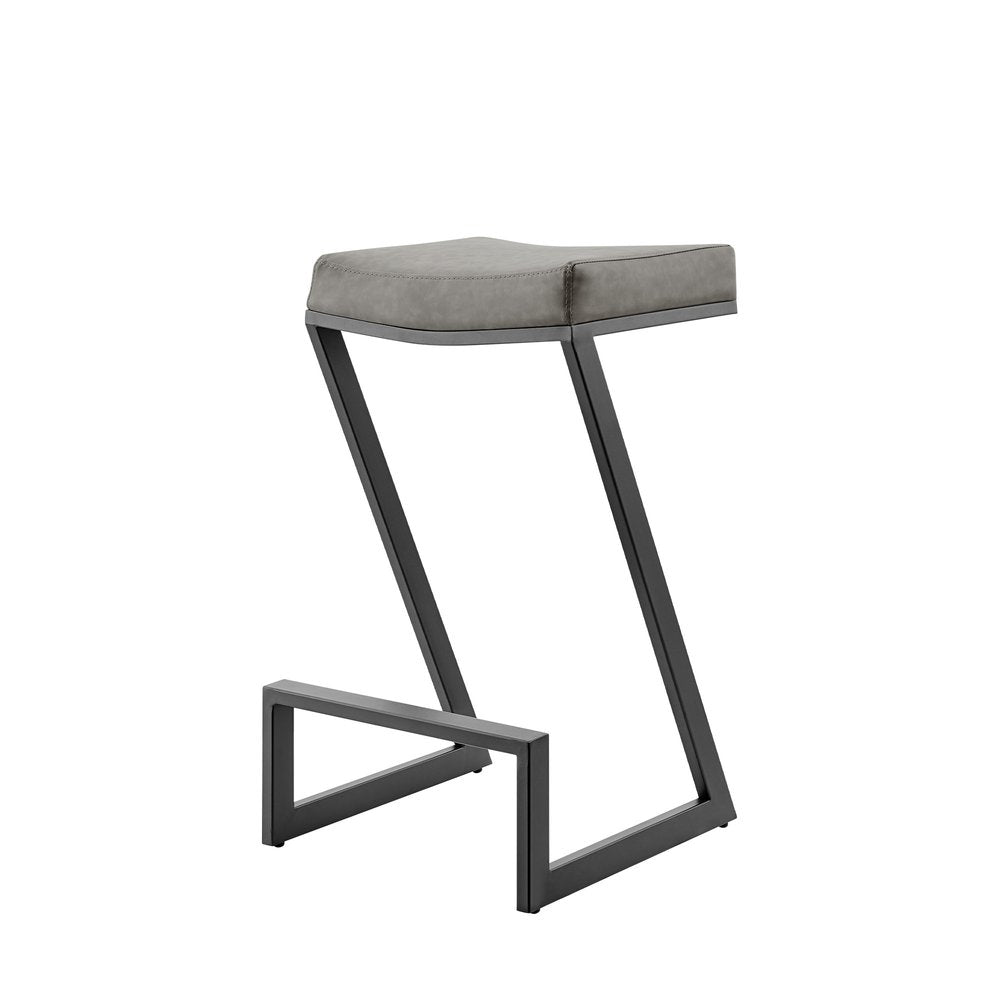 30" Gray And Black Faux Leather And Iron Backless Bar Height Bar Chair