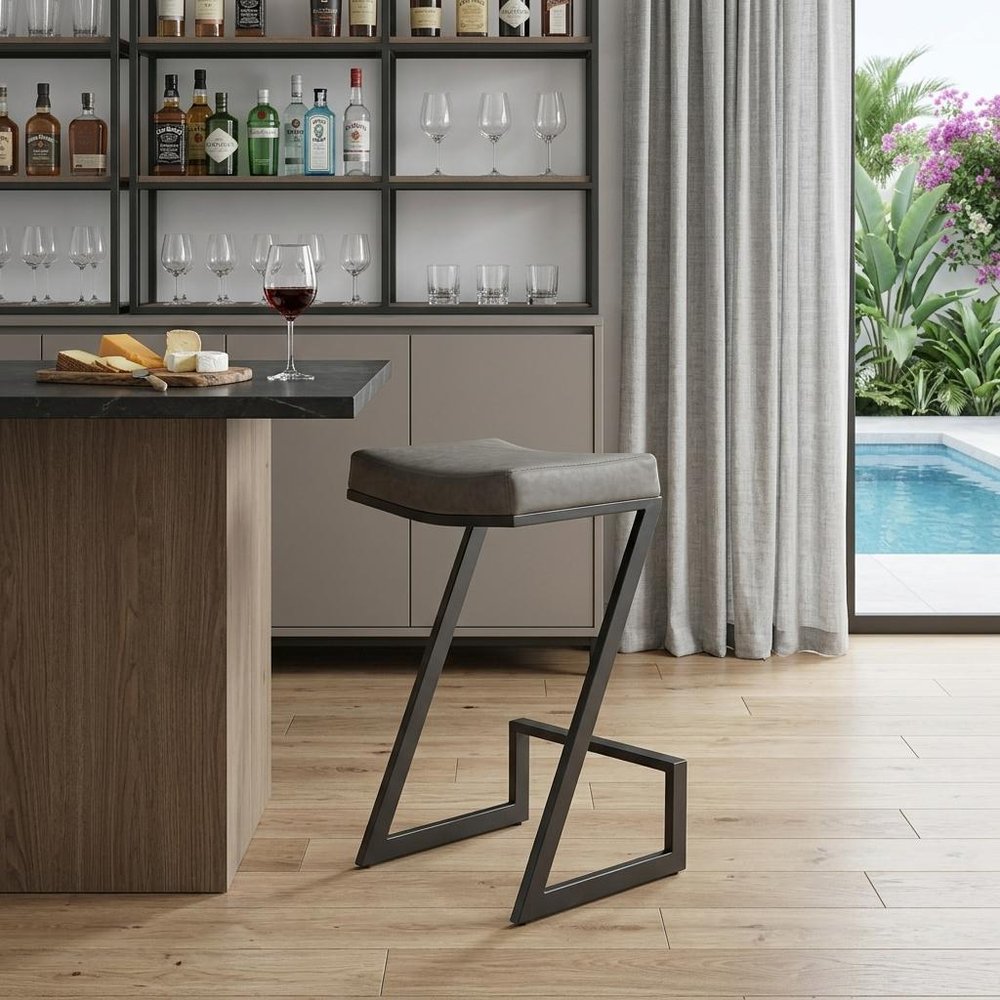30" Gray And Black Faux Leather And Iron Backless Bar Height Bar Chair