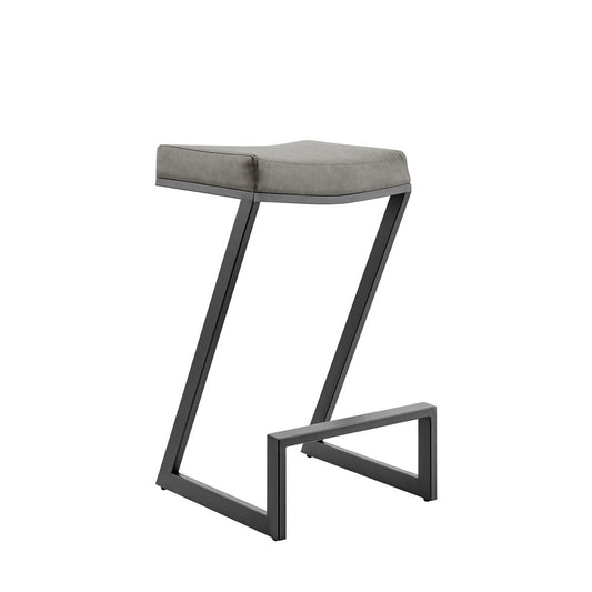 30" Gray And Black Faux Leather And Iron Backless Bar Height Bar Chair