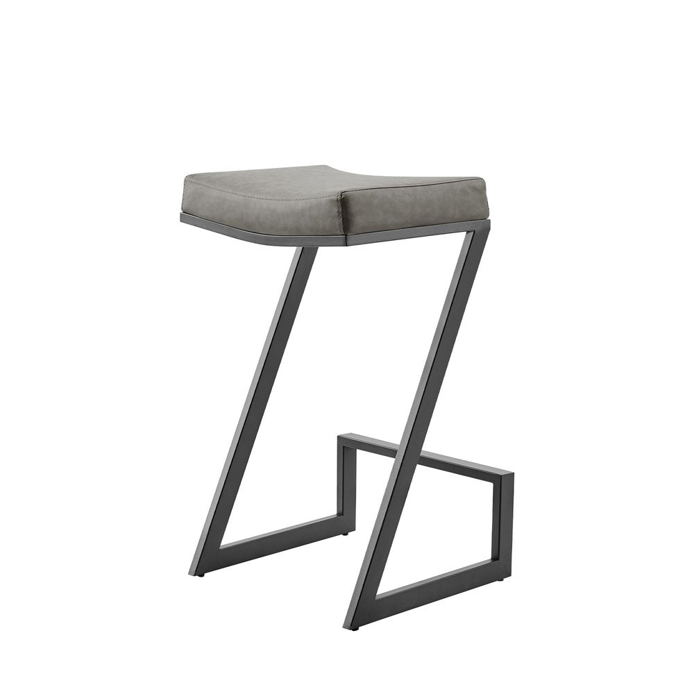 30" Gray And Black Faux Leather And Iron Backless Bar Height Bar Chair