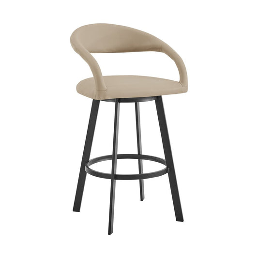 26" Beige And Black Faux Leather And Iron Low Back Counter Height Swivel Bar Chair