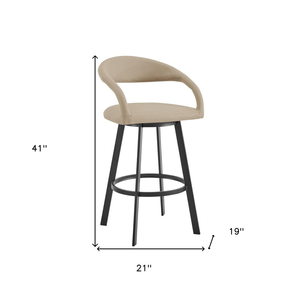 30" Beige And Black Faux Leather And Iron Low Back Bar Height Swivel Bar Chair