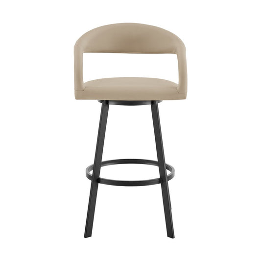 30" Beige And Black Faux Leather And Iron Low Back Bar Height Swivel Bar Chair