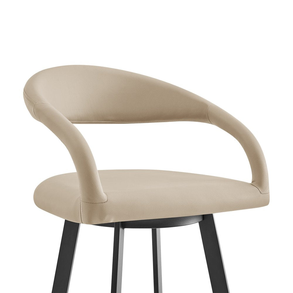 30" Beige And Black Faux Leather And Iron Low Back Bar Height Swivel Bar Chair