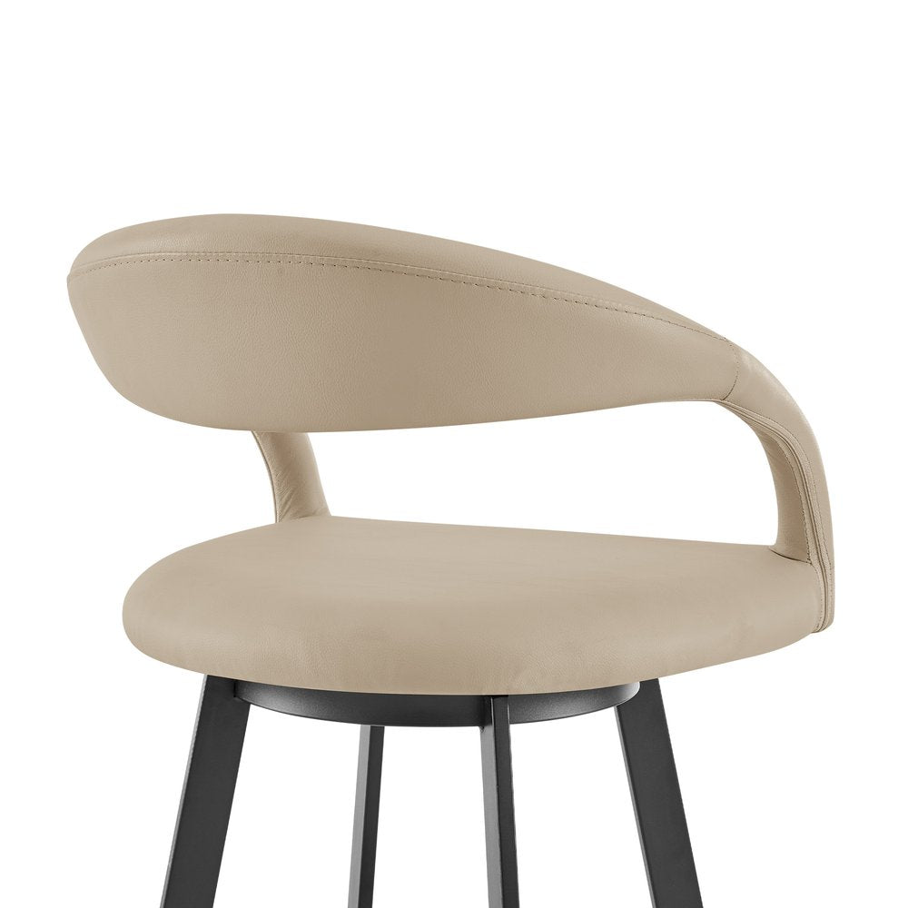 30" Beige And Black Faux Leather And Iron Low Back Bar Height Swivel Bar Chair