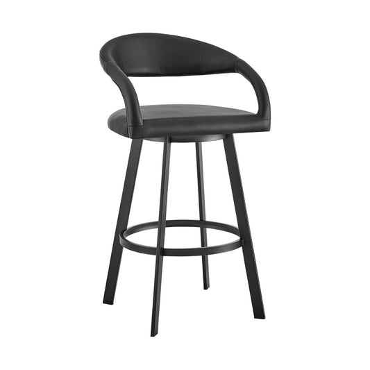30" Black Faux Leather And Iron Low Back Bar Height Swivel Bar Chair