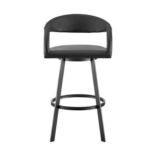 30" Black Faux Leather And Iron Low Back Bar Height Swivel Bar Chair