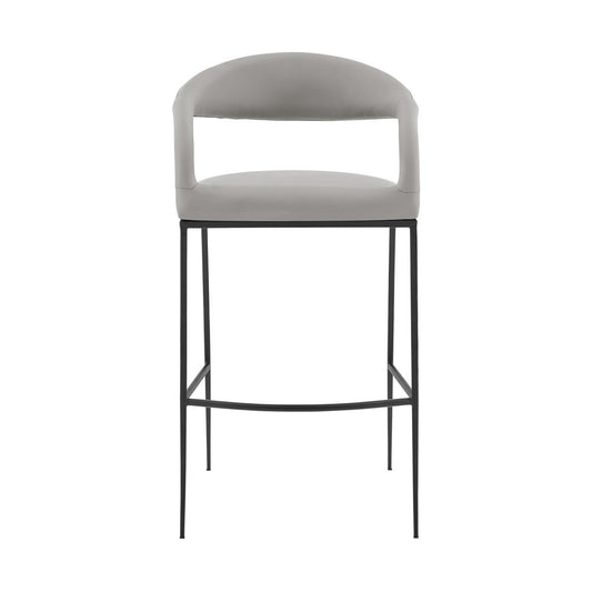30" Light Gray And Black Faux Leather And Iron Low Back Bar Height Bar Chair