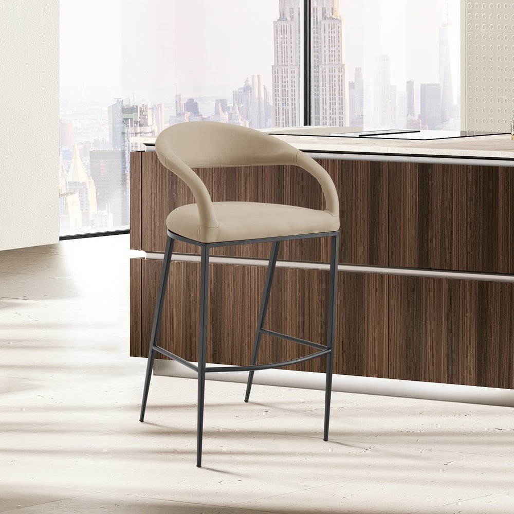 26" Beige and Black Faux Leather and Iron Low Back Counter Height Bar Chair