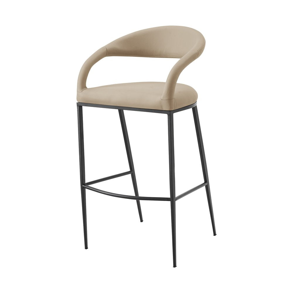 30" Beige And Black Faux Leather And Iron Low Back Bar Height Bar Chair