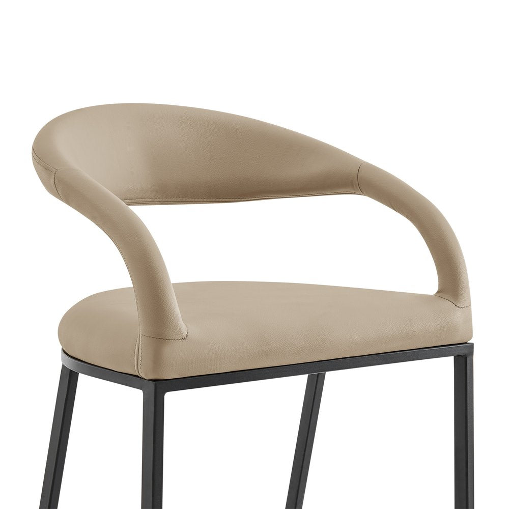 30" Beige And Black Faux Leather And Iron Low Back Bar Height Bar Chair