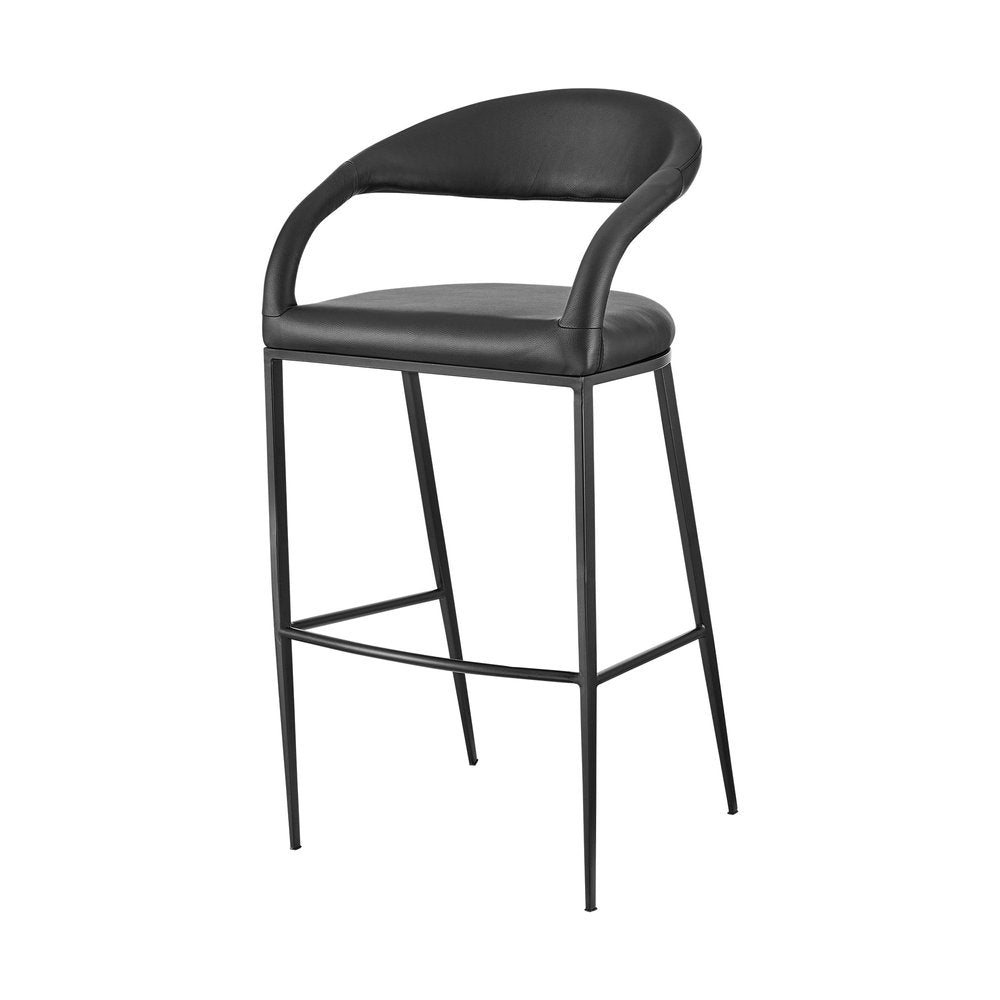30" Black Faux Leather And Iron Low Back Bar Height Bar Chair
