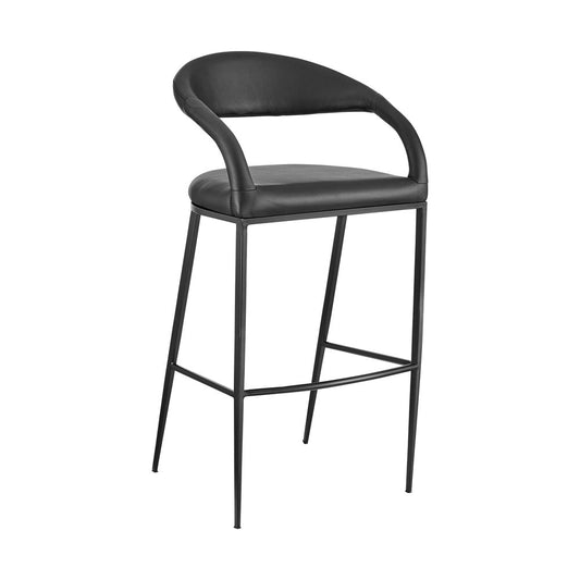 30" Black Faux Leather And Iron Low Back Bar Height Bar Chair
