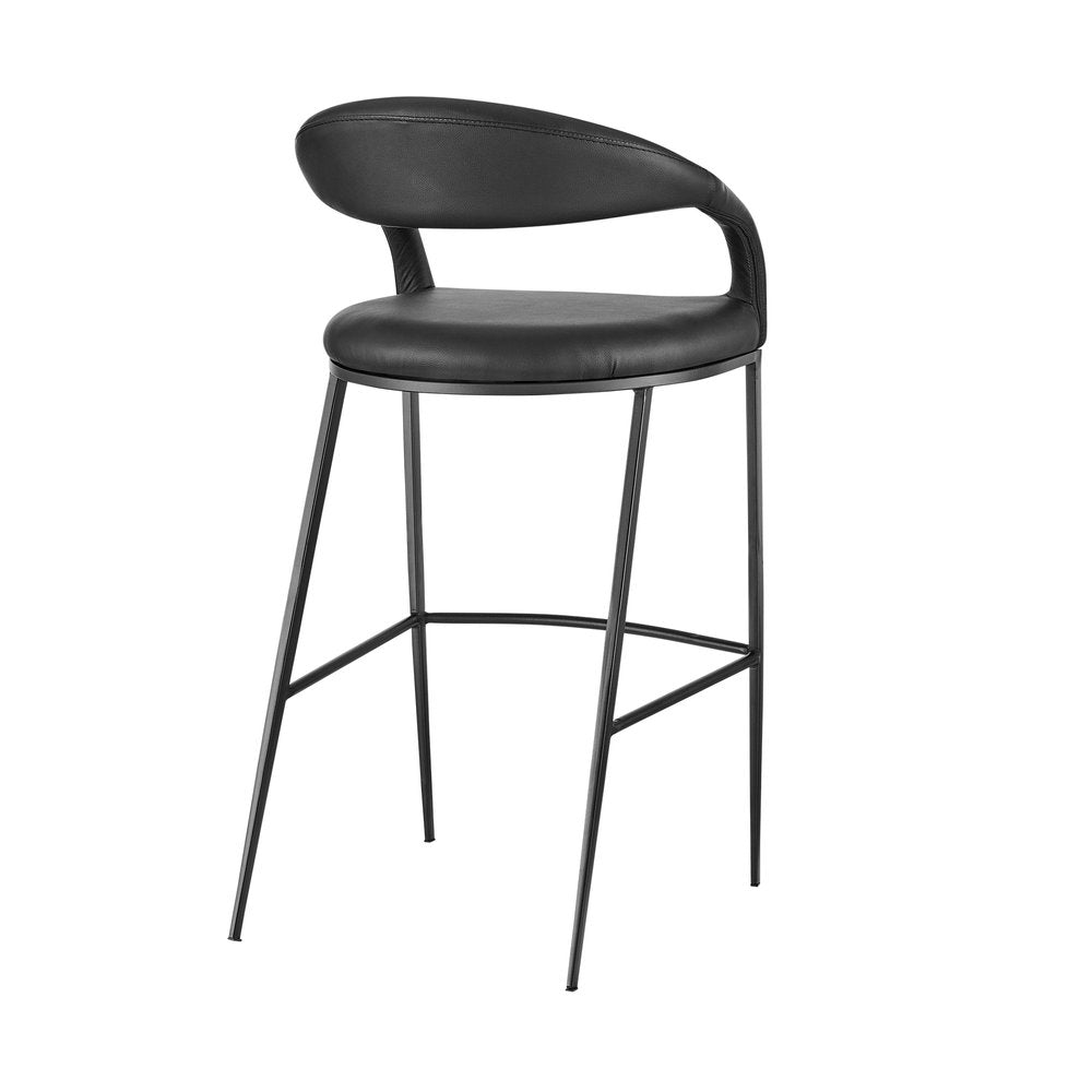 30" Black Faux Leather And Iron Low Back Bar Height Bar Chair