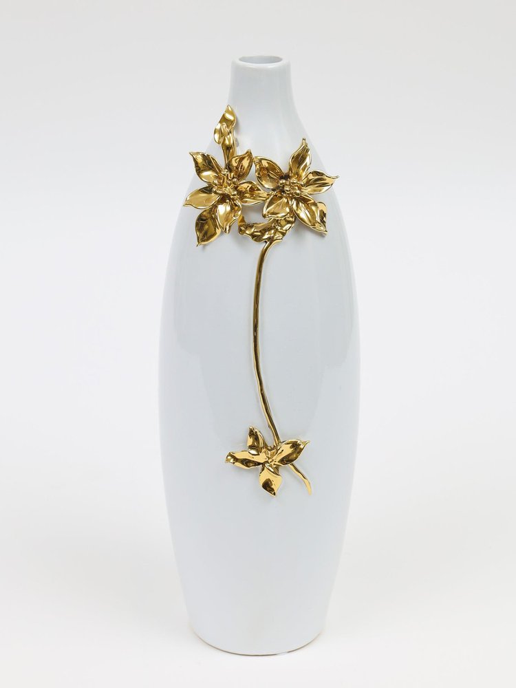 18" Gold Floral Oval Ceramic Table Vase With Sculptural Details