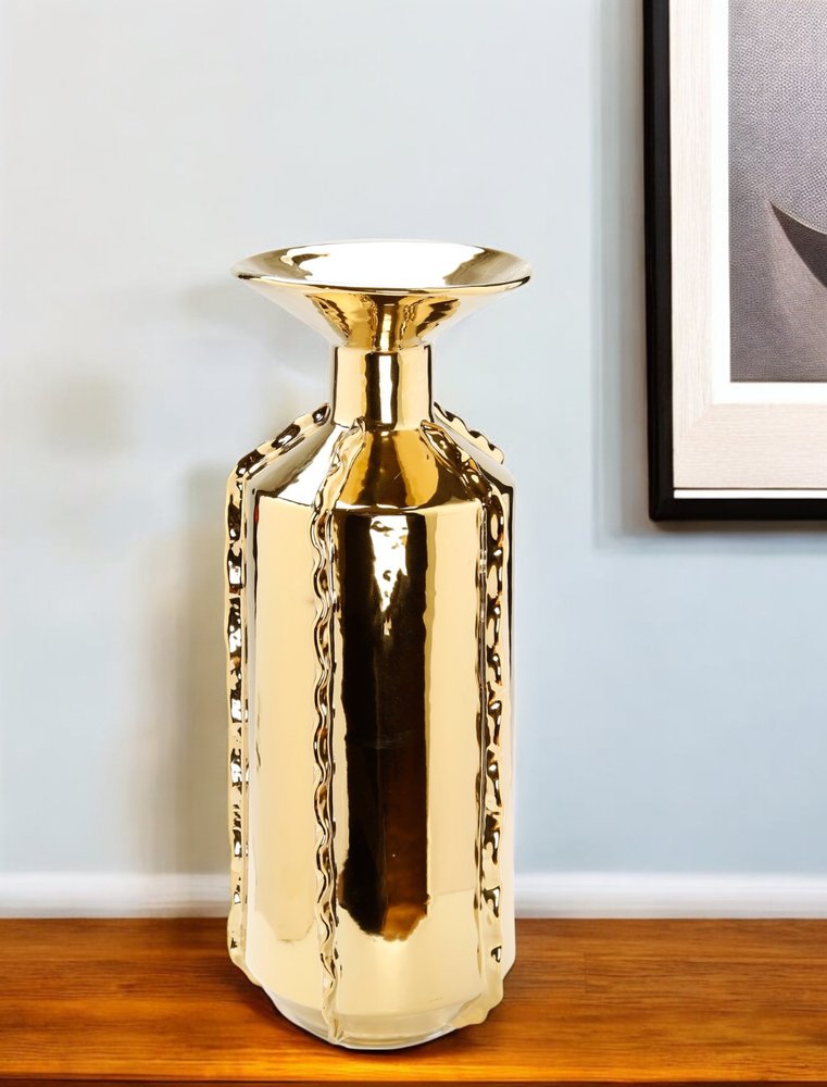 21" Gold Trumpet Ceramic Table Vase With Sculptural Details