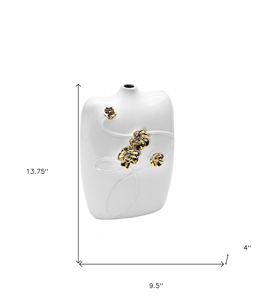 14" White Floral Ceramic Table Vase With Sculptural Details