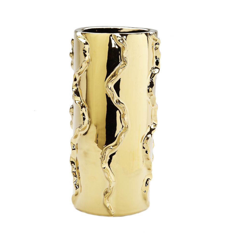 12" Gold Cylinder Ceramic Table Vase With Sculptural Details