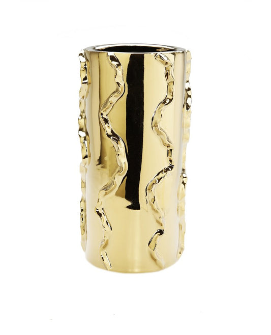 12" Gold Cylinder Ceramic Table Vase With Sculptural Details