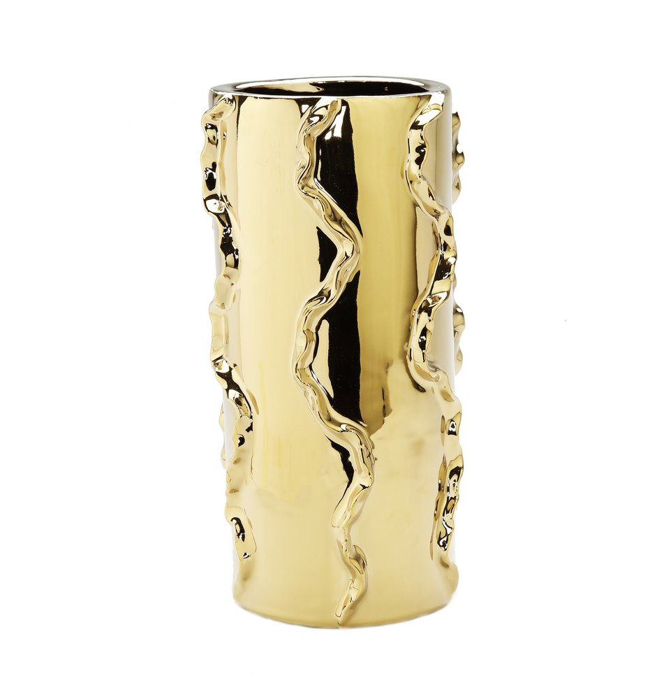 12" Gold Cylinder Ceramic Table Vase With Sculptural Details