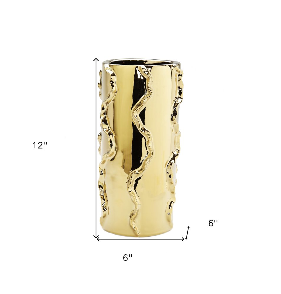 12" Gold Cylinder Ceramic Table Vase With Sculptural Details
