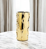 12" Gold Cylinder Ceramic Table Vase With Sculptural Details