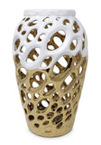13" Gold And White Pierced Urn Porcelain Table Vase With Sculptural Details