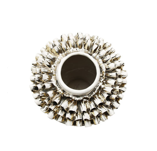 10" White Round Ceramic Table Vase With Sculptural Details