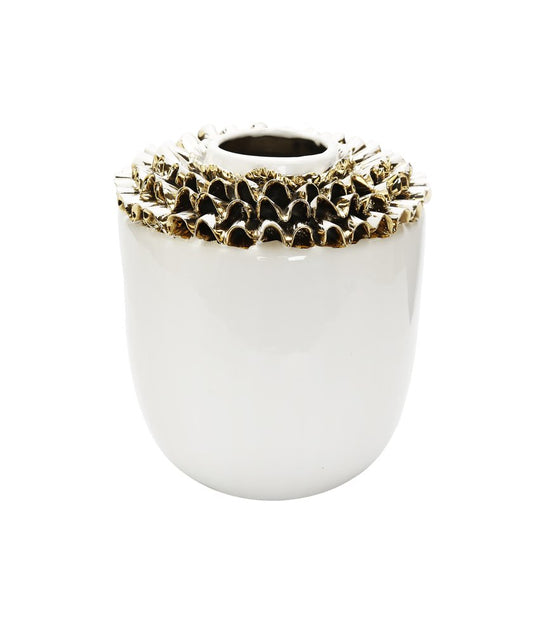 10" White Round Ceramic Table Vase With Sculptural Details