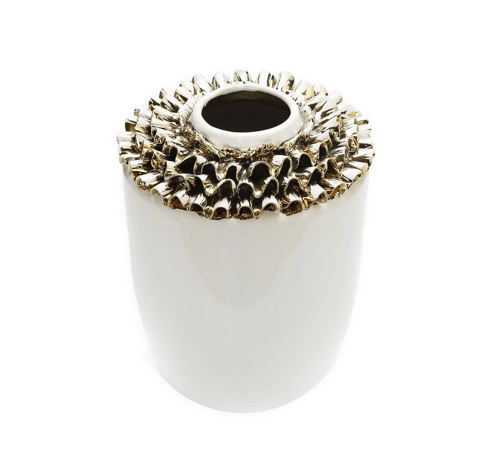 10" White Round Ceramic Table Vase With Sculptural Details