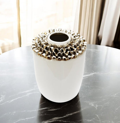 10" White Round Ceramic Table Vase With Sculptural Details