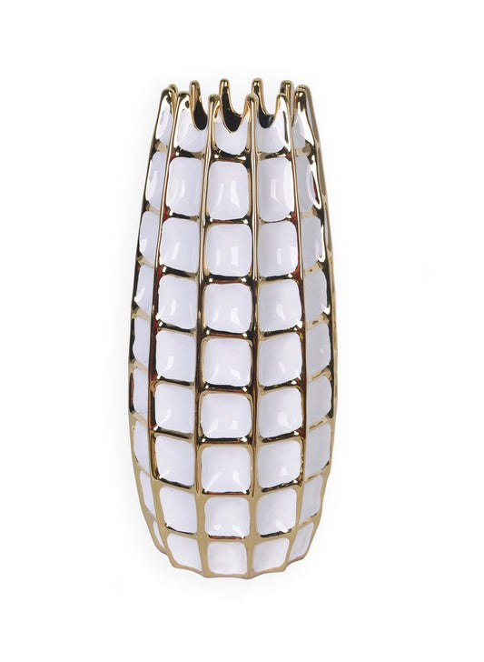 17" White Checkered Oval Porcelain Table Vase With Sculptural Details