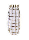 17" White Checkered Oval Porcelain Table Vase With Sculptural Details