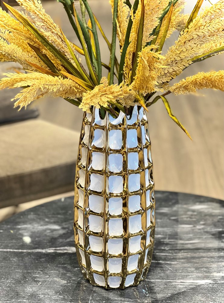 17" White Checkered Oval Porcelain Table Vase With Sculptural Details