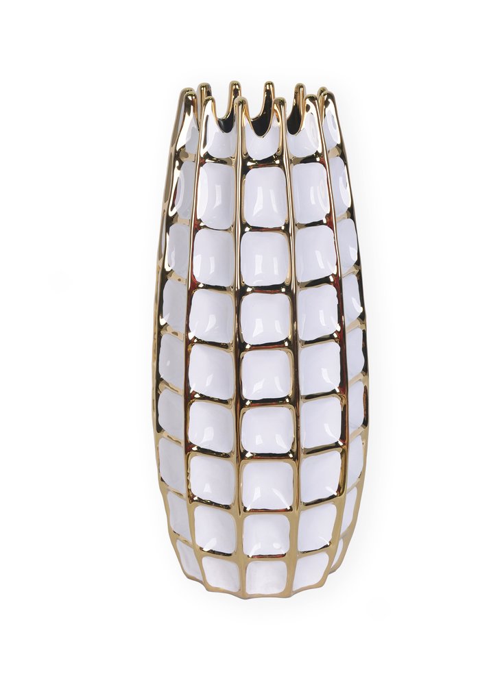 17" White Checkered Oval Porcelain Table Vase With Sculptural Details