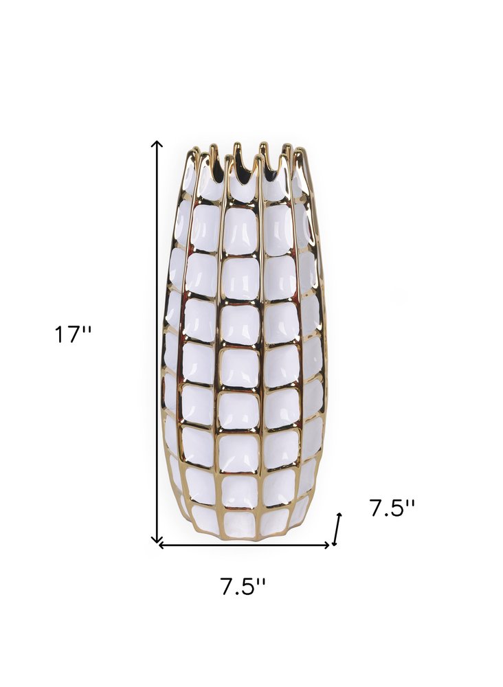 17" White Checkered Oval Porcelain Table Vase With Sculptural Details