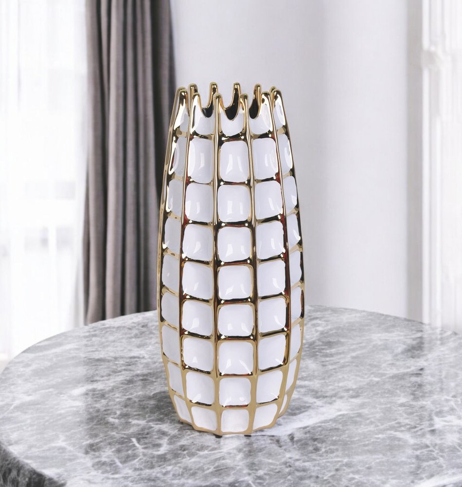 17" White Checkered Oval Porcelain Table Vase With Sculptural Details
