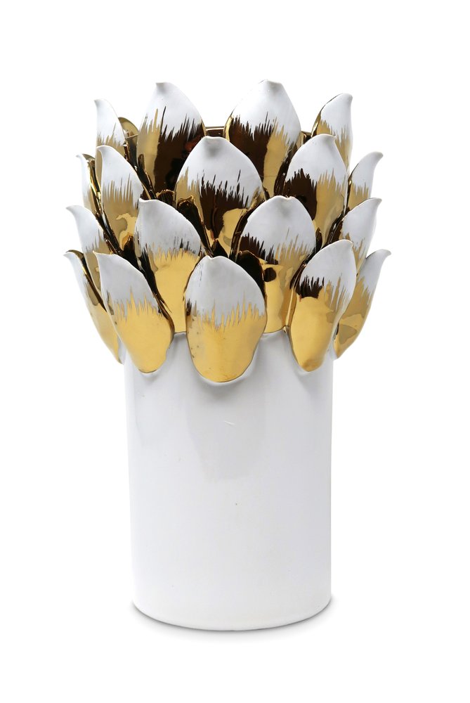 10" White Leaf Tulip Porcelain Table Vase With Sculptural Details