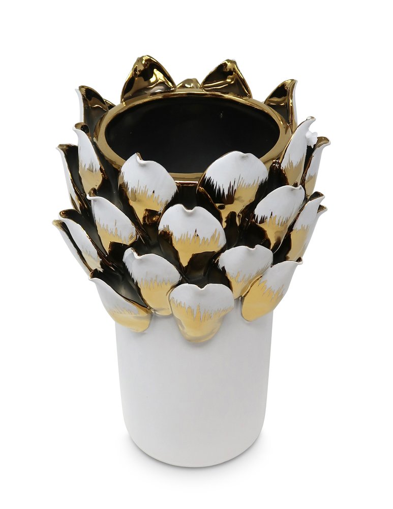 10" White Leaf Tulip Porcelain Table Vase With Sculptural Details
