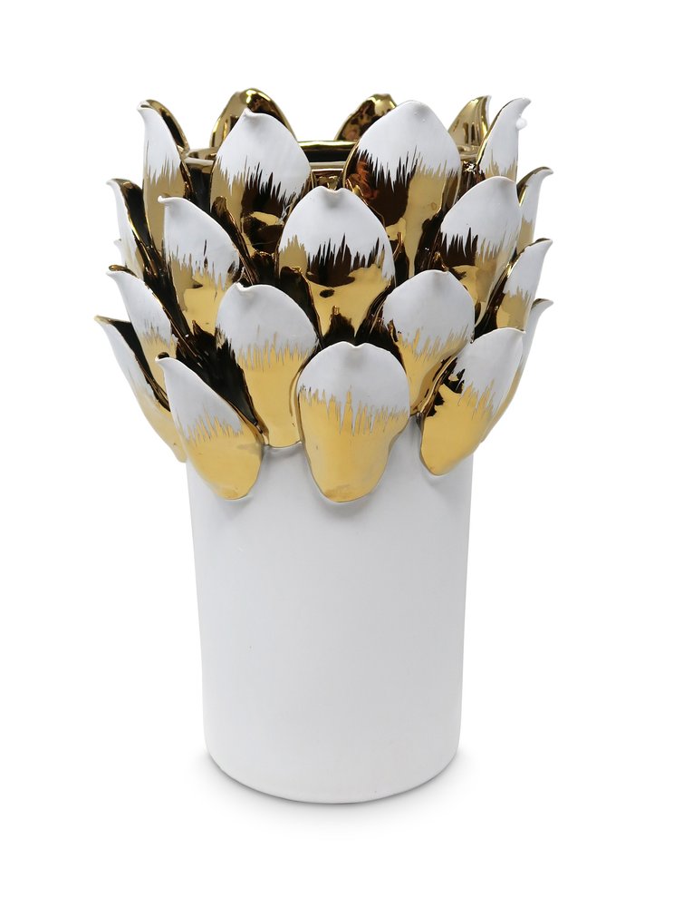 10" White Leaf Tulip Porcelain Table Vase With Sculptural Details