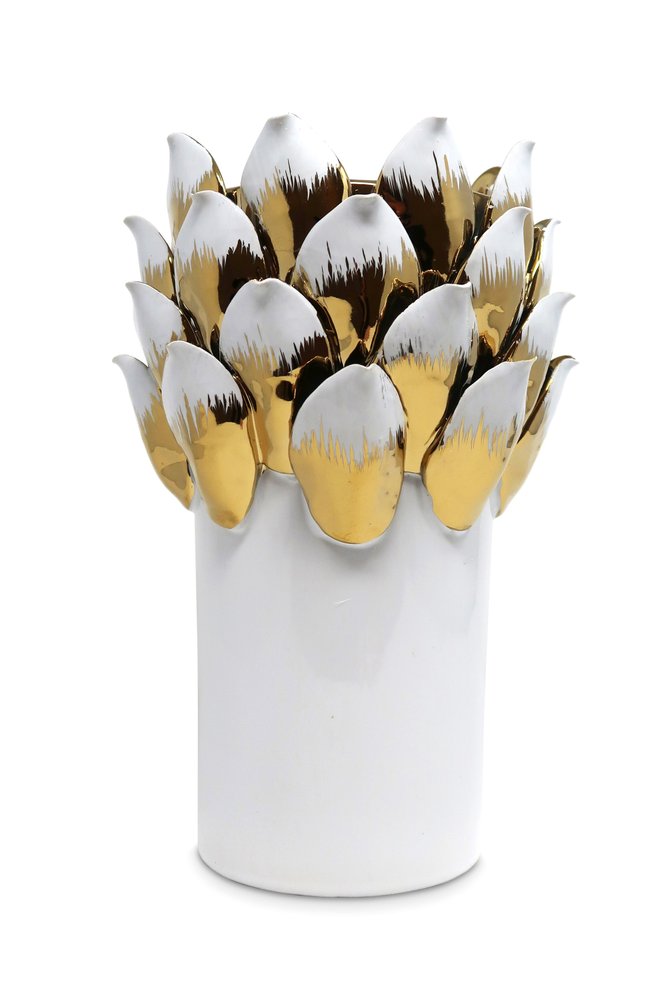 10" White Leaf Tulip Porcelain Table Vase With Sculptural Details