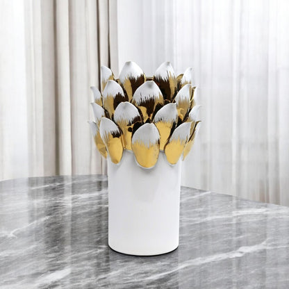 10" White Leaf Tulip Porcelain Table Vase With Sculptural Details