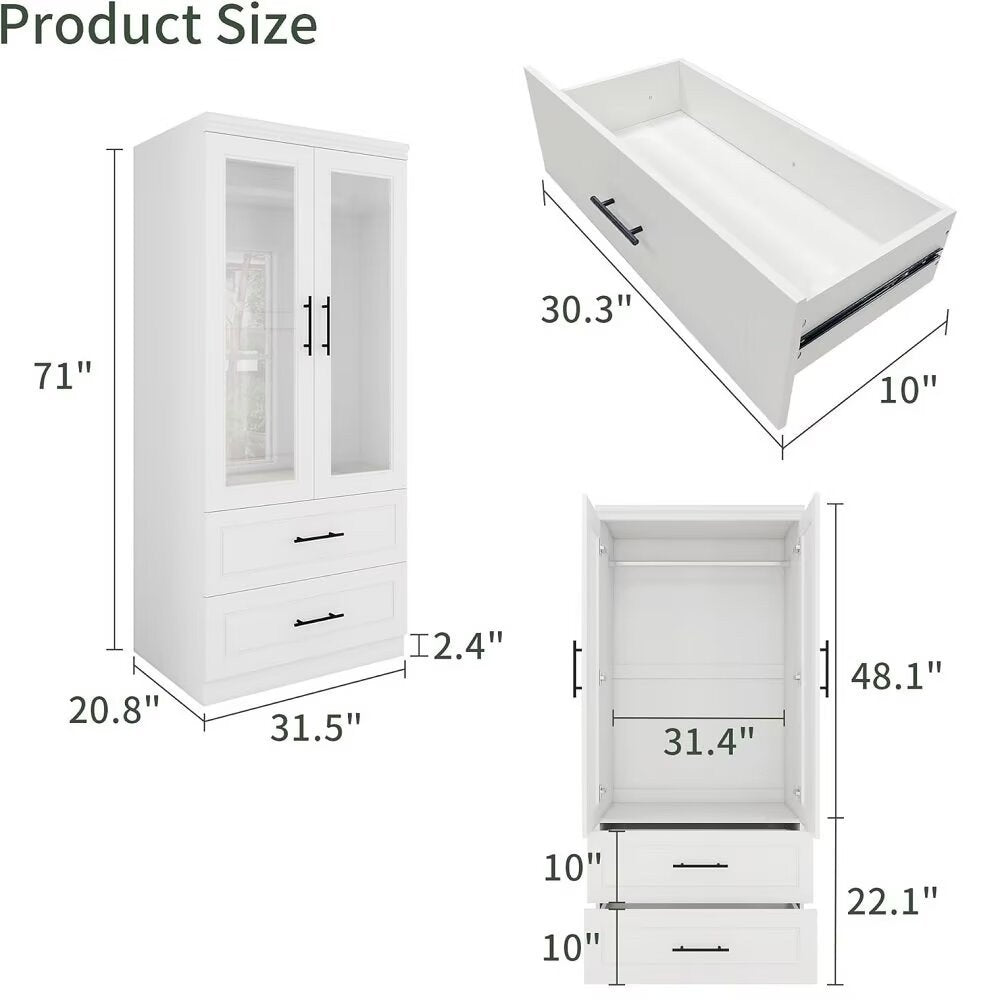 71" White And Clear Two Door Two Drawer Combo Dresser