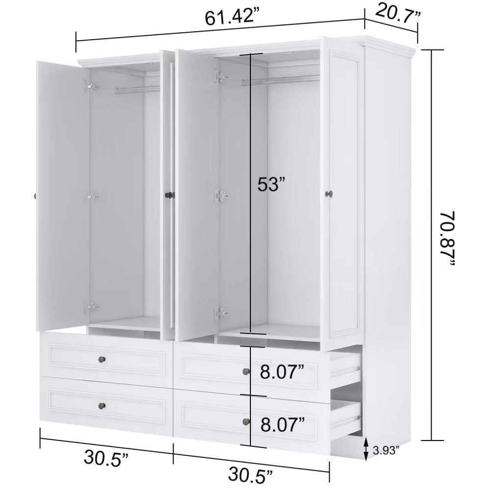 71" White Carved Geometric Mirrored Four Door Four Drawer Combo Dresser