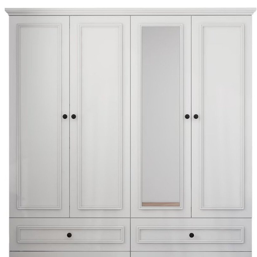 71" White Carved Geometric Mirrored Four Door Four Drawer Combo Dresser