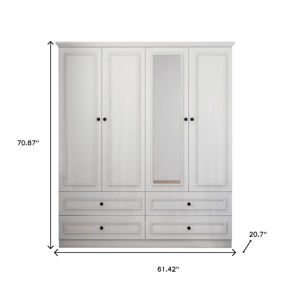 71" White Carved Geometric Mirrored Four Door Four Drawer Combo Dresser